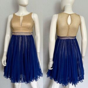 NEW Sleeveless Cocktail Dress Rhinestone Belt Gold Bodice Royal Blue Tulle Skirt